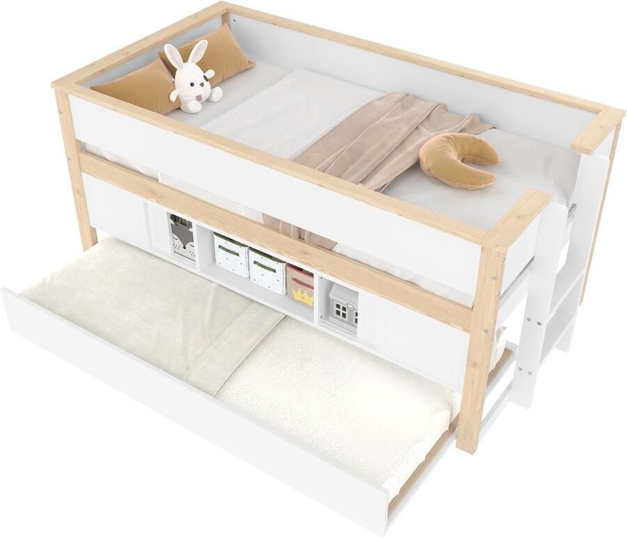 Merax Halfhoogslaper 90x200 cm Kinderbed met Extra Bed en Opbergruimte Massief Houten Half Hoogslaper Wit met Bruin