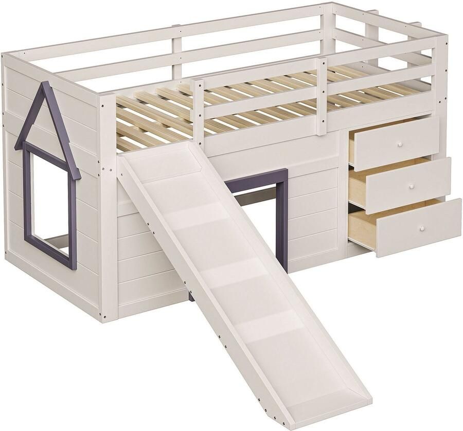 Merax Halfhoogslaper 90x200 cm met Glijbaan en Opbergruimte – 3 Laden en 2 Deuren – Crème Wit – Kinderbed Half Hoogslaper