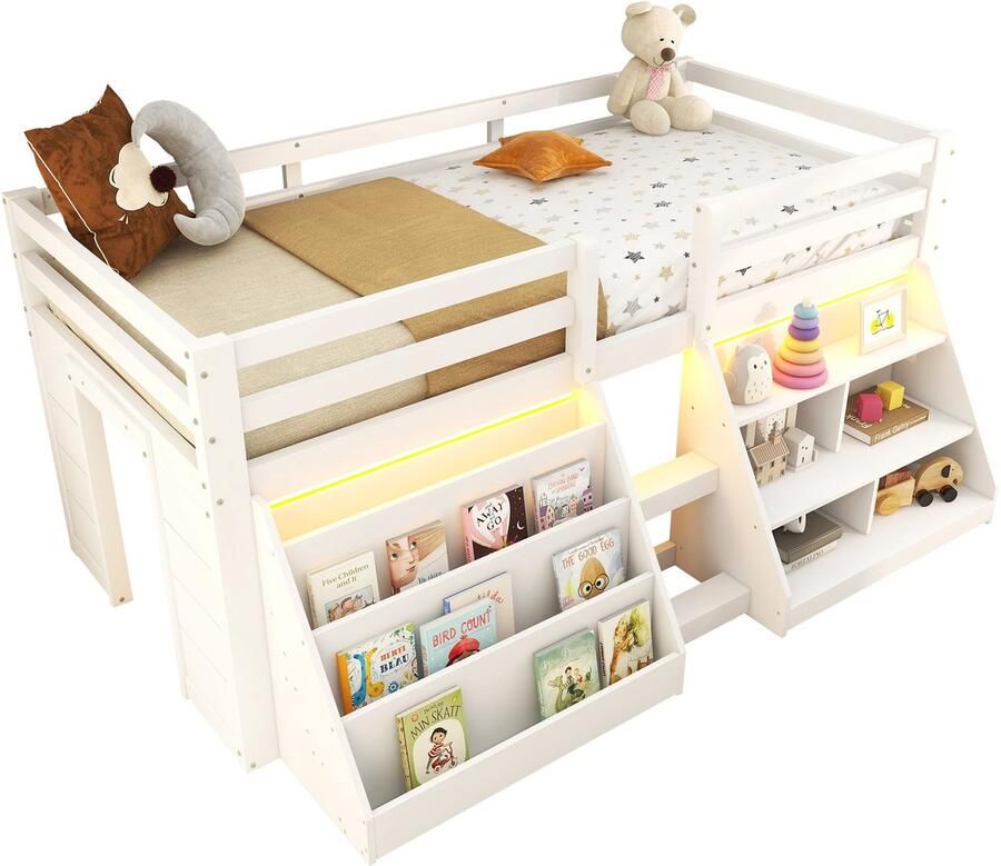 Merax Halfhoogslaper 90x200 met Uitvalbeveiliging – Half Hoogslaper Kinderbed met Opbergrekken en LED Via APP – Wit