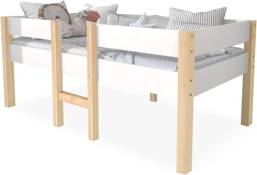 Merax Halfhoogslaper Kinderbed met valbeveiliging grenen-massief hout 90x200 cm Wit & Eiken Zonder matras