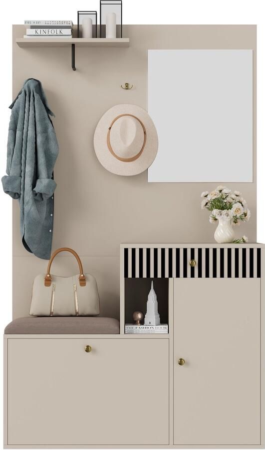 Merax Garderobeset met Spiegel en Zitkussen Flurkast met Open Vakken Schoenenkast en Kapstokpaneel 110x1855x37 cm Zwart Houtkleur