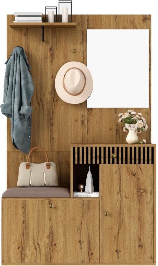 Merax Halmeubel 110 cm met Zitvlak – Spiegel en Schoenenkast – Houtlook Bruin