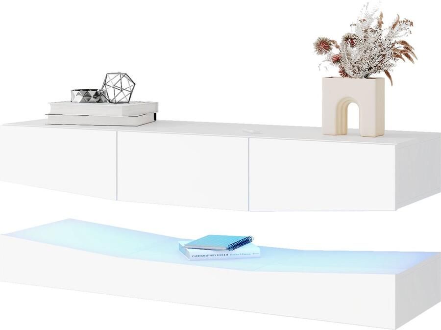 Merax Wand TV Meubel Hoogglans Wit met LED-Verlichting – Hangend TV Board voor Woonkamer en Thuiswerkplek - Foto 2