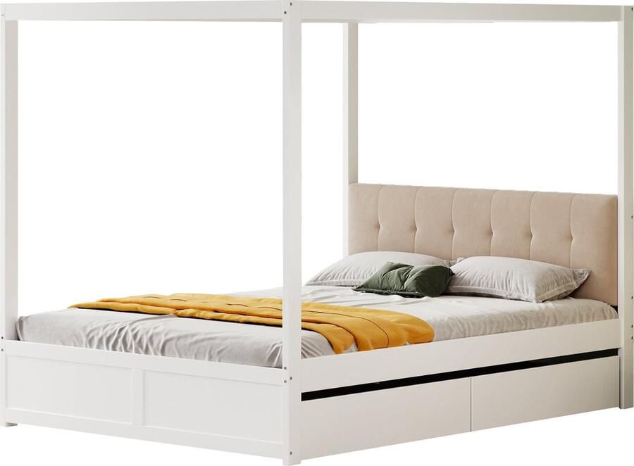 Merax Hemelbed 140x200 cm met Grote Opberglades Tweepersoonsbed met Zacht Hoofdbord Houten Bed Wit