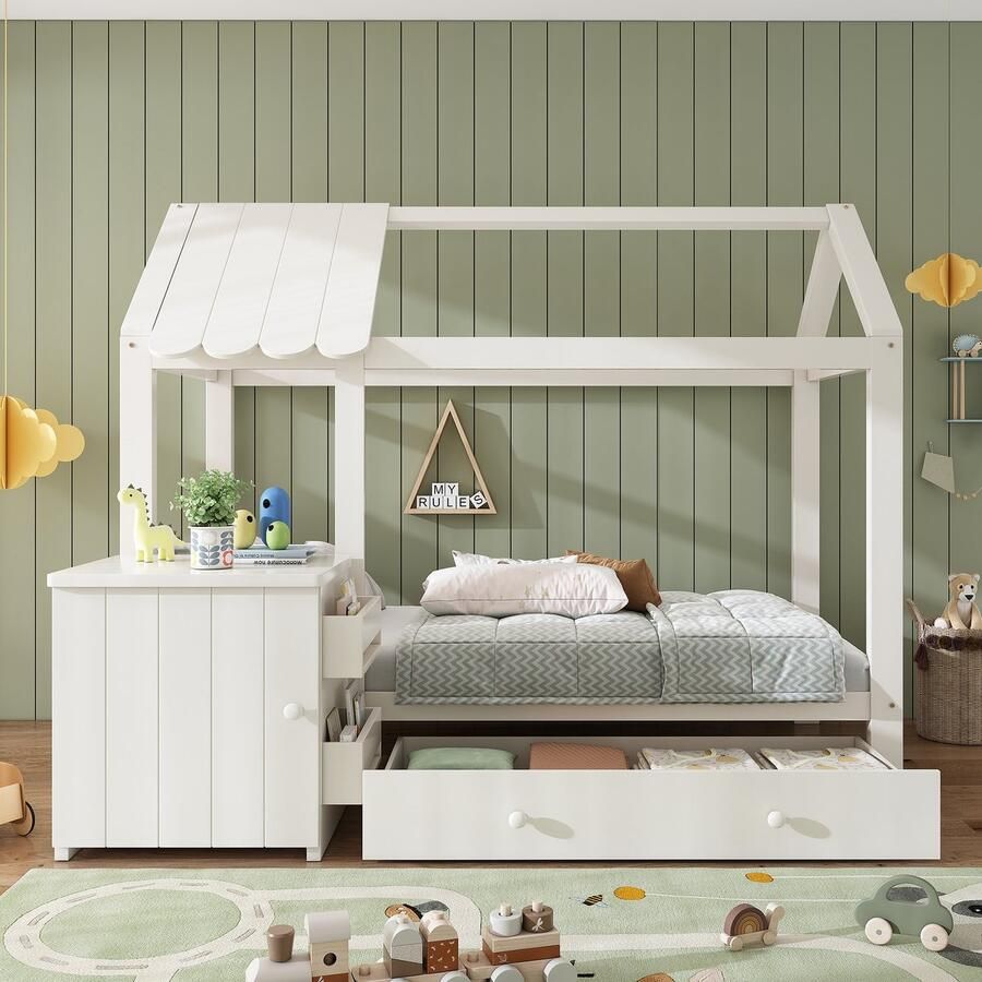 Merax Hemelbed 90x200 cm massief hout kinderbed met lades en afneembaar nachtkastje vloerbed wit zonder matras
