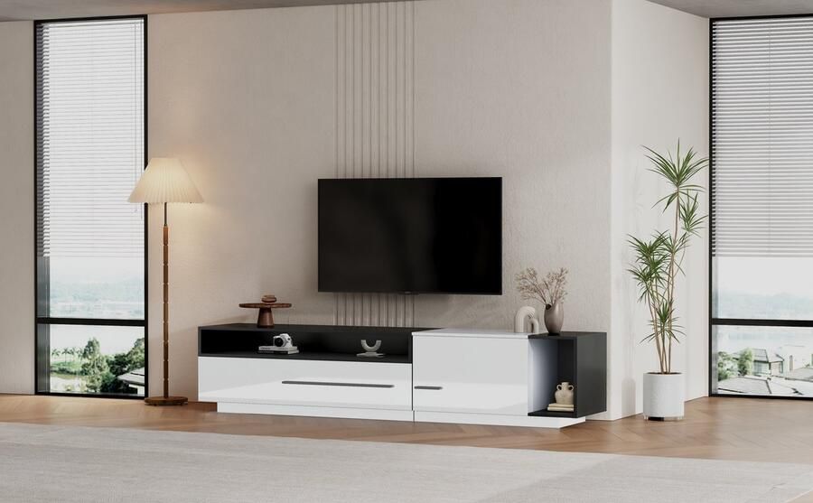 Merax TV-Meubel 170 cm Geschikt voor TV s tot 70 Inch Hoogglans Wit met Zwart Met Schuiflade Deur en Open Opbergvak - Foto 2