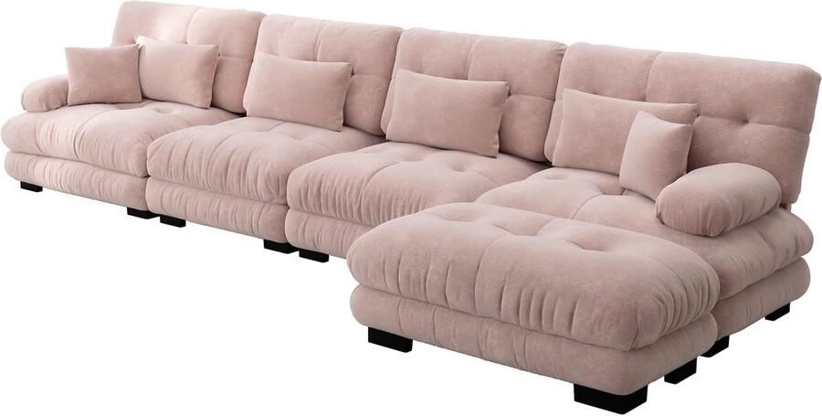 Merax Hoekbank 4-Zits Modulaire L-Vormige Slaapbank met Hocker Comfortabel Chenille Sofa met Diepe Zit en Kussens Loungebank voor Woonkamer Appartement en Studio 406x145x81 cm Roze