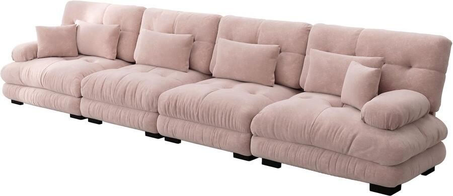 Merax Hoekbank 4-Zits Modulaire Slaapbank met Diepe Zit Comfortabel Chenille Sofa met Kussens Loungebank voor Woonkamer Appartement en Studio 406x77x81 cm Roze