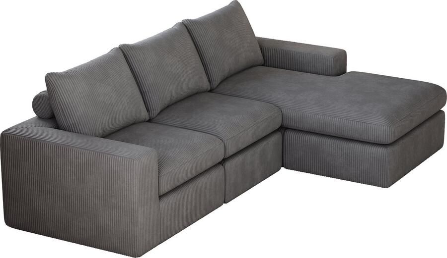 Merax Hoekbank met Chaise Longue Modern L-vormig Corduroy Sofa met 3 Kussens en Hoofdkussens Modulaire Bank Zonder Montage Donkergrijs