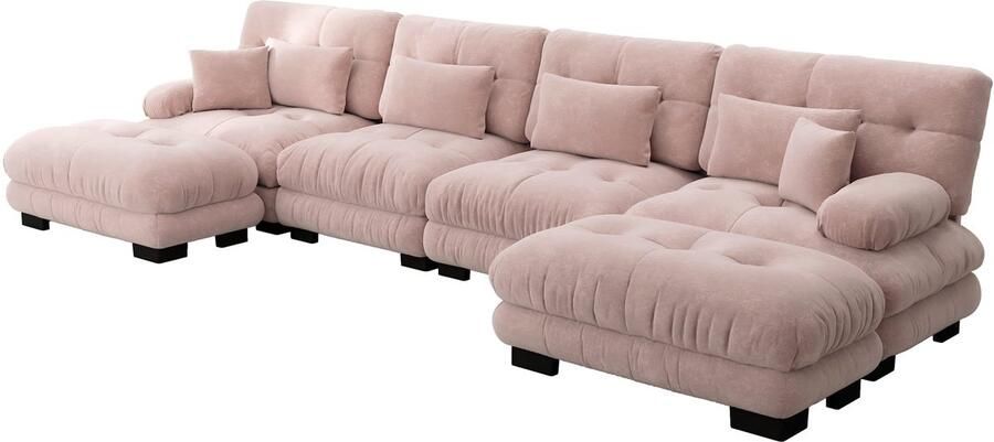 Merax Hoekbank 4-Zits Modulaire U-Vormige Slaapbank met Hocker Comfortabele Chenille Sofa met Diepe Zit en Kussens Loungebank voor Woonkamer Appartement en Studio 406x145x81 cm Roze