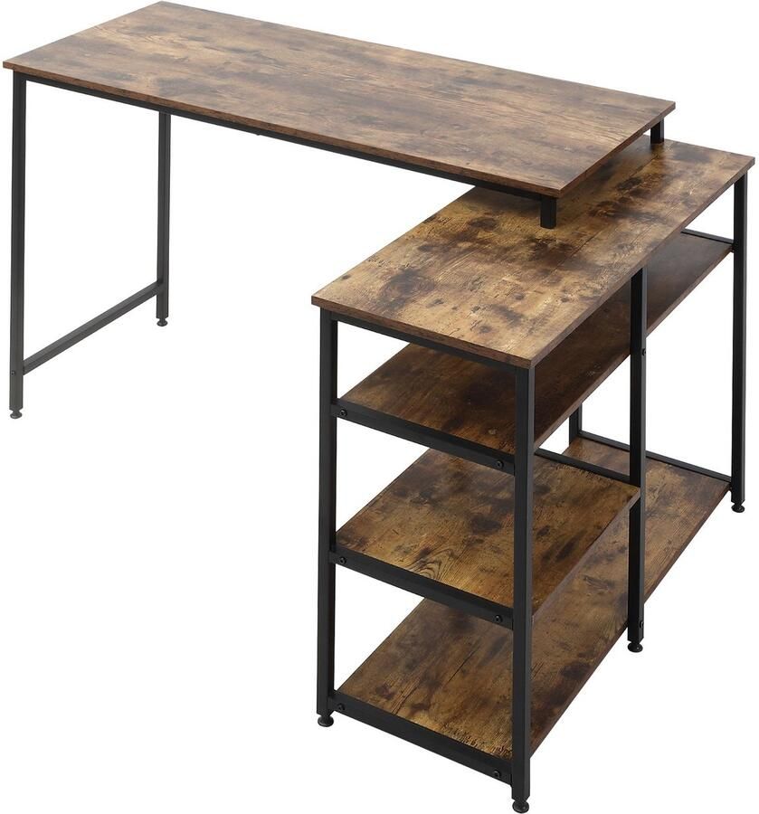 Merax Hoekbureau L-Vorm 135x90 cm – Bureau met Opbergrek en Schuiflade – Industrieel Bureau voor Thuiswerken en Kantoor – Rustiek Bruin