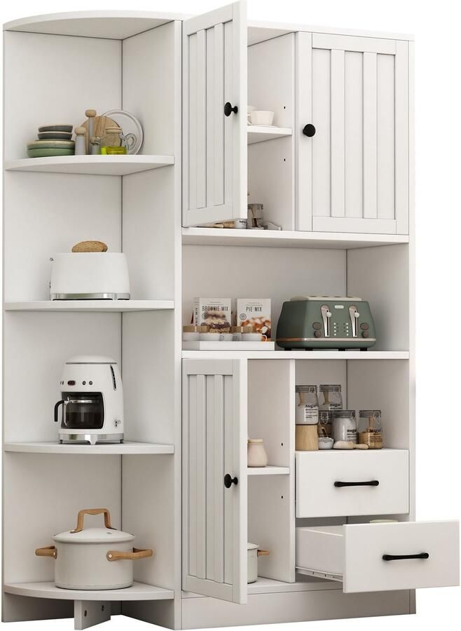 Merax Hoekkast 104×35×155 cm Witte Opbergkast met 3 Deuren en 2 Lades Vitrinekast met 6 Open Vakken en 14 Opbergvakken Boekenkast en Highboard voor Woonkamer - Foto 2