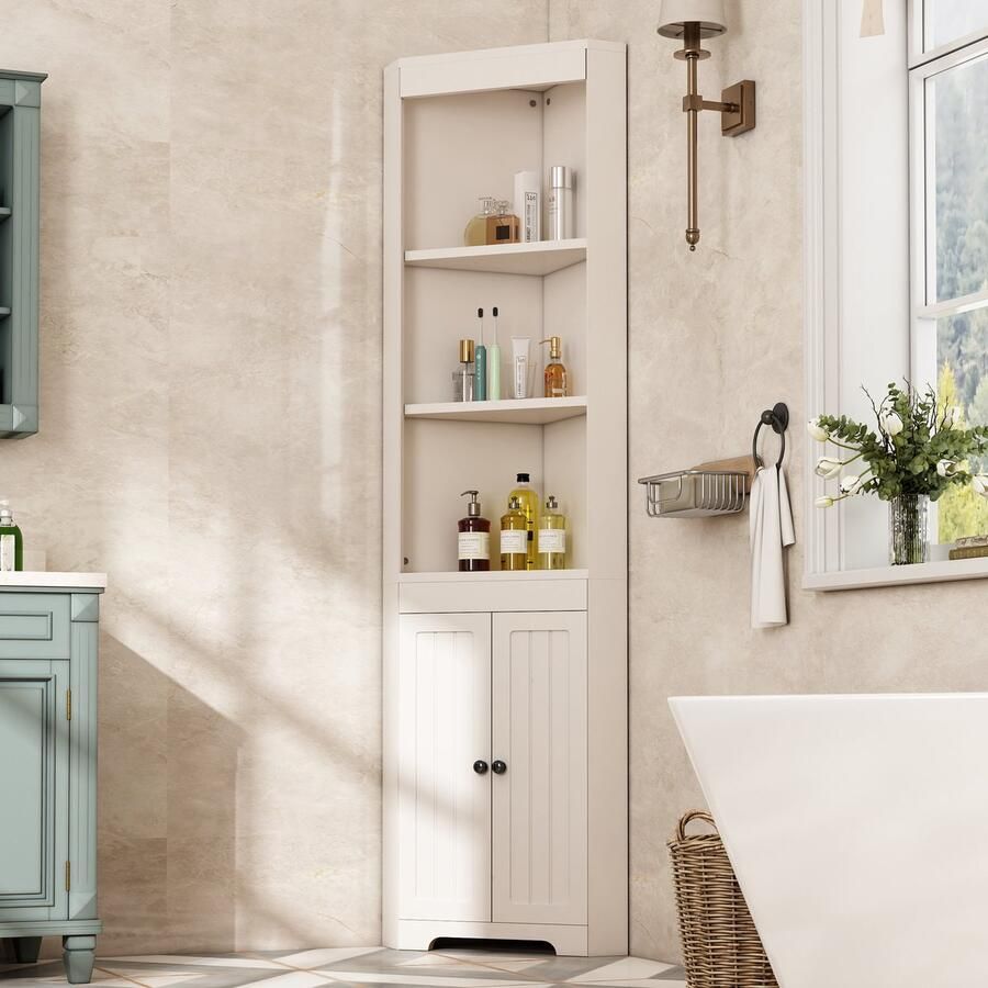 Merax Hoge badkamerkast drie open opbergvakken vochtbestendige draaideuren schuifplanken wit