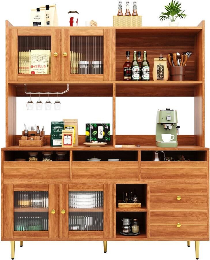 Merax Hoge Buffetkast 145x39x171 cm Houtlook Met Glazen Deur Wijnrek En Opbergruimte Walnoot Modern Design