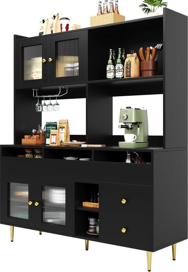 Merax Buffetkast Zwart Met Glasdeur Wijnrek Goudaccenten 145x39x171 cm Moderne Servieskast Voor Eetkamer