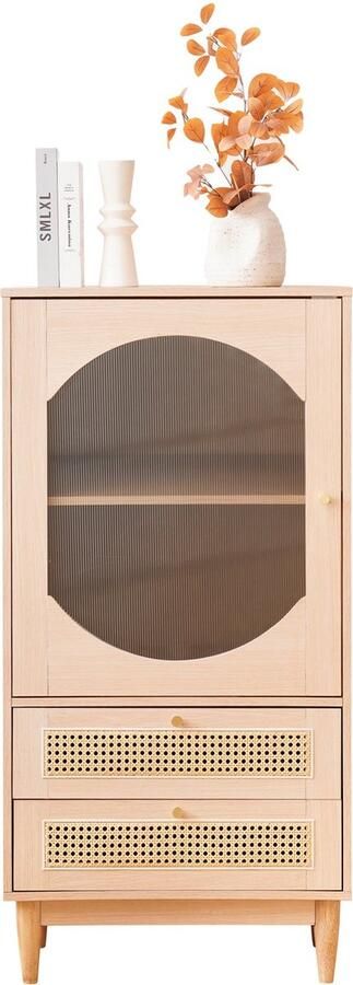 Merax Hoge Kast met Transparante Acryl Deur Dressoir met 2 Rattan Lades Buffetkast Vitrinekast in Eikenhout Bruin