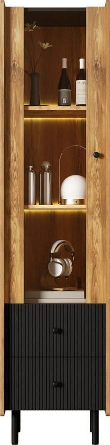 Merax Hoge Kast Opbergkast met Glazen Deur en Gele LED-Verlichting – 180 x 44 x 40 cm 2 Lades Zwart Houtlook