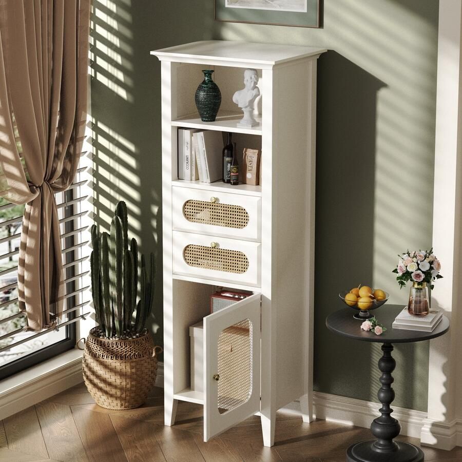 Merax Hoge kast woonkamer vitrinekast met rotan gelakt oppervlak geschikt voor woonkamer combinatiemeubels