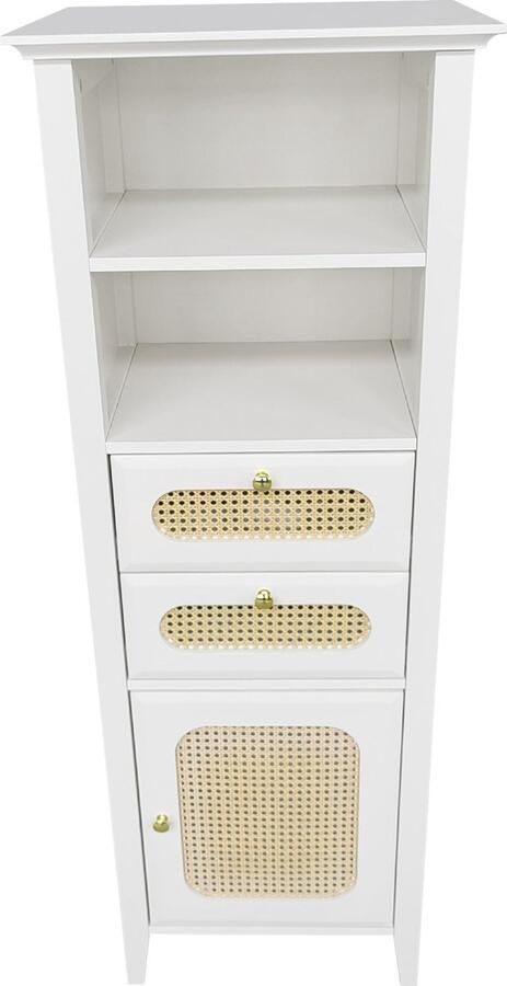 Merax Hoge Vitrinekast met Rottan – Witte Lakafwerking Opbergkast voor Woonkamer