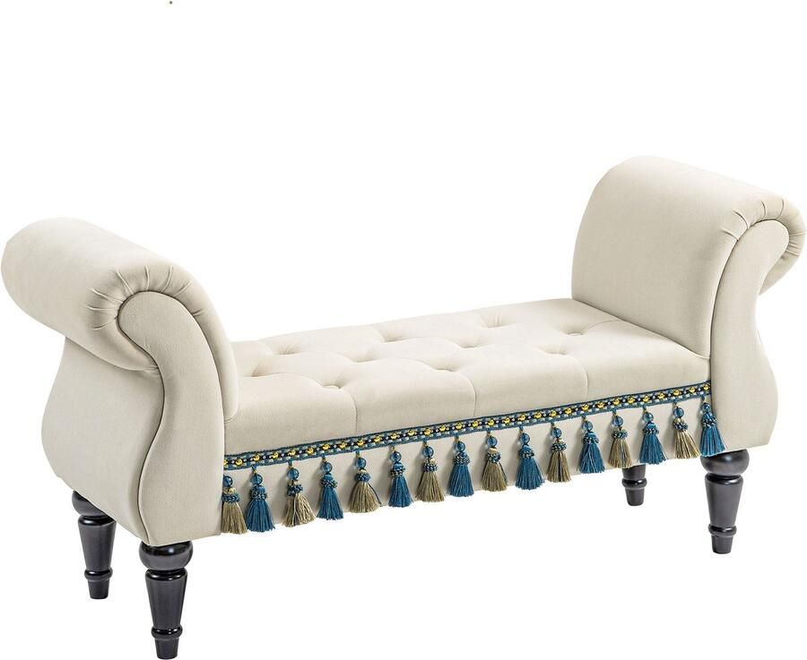 Merax HOMCOM Fluwelen Zitbank Beige – Vintage Bankje met Armleuningen – 117x40x58 cm – Gestoffeerde Slaapkamerbank met Houten Poten – Belastbaar tot 150 kg