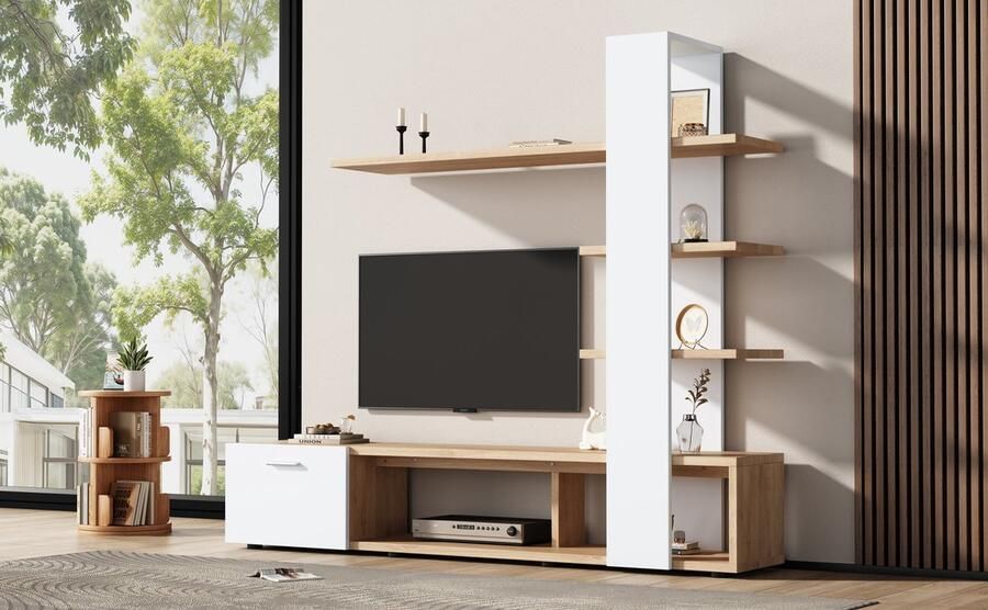 Merax Home Wohnzimmer-Wandschrank Wohnzimmermöbel-Set 180 x 33 5 x 151 5 cm geeignet für Fernseher unter 60 Zoll modernes Eichenweiß TV-Schrank Lowboard TV Wohnwand Set Wohnzimmer Möbel Set