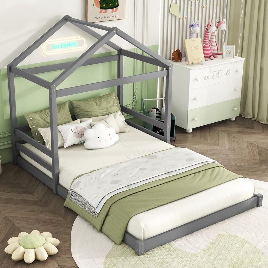 Merax Homebed kajuitbed 140 x 200 cm huisvorm kinderbed met lattenbodem zonder matras grenen grijs