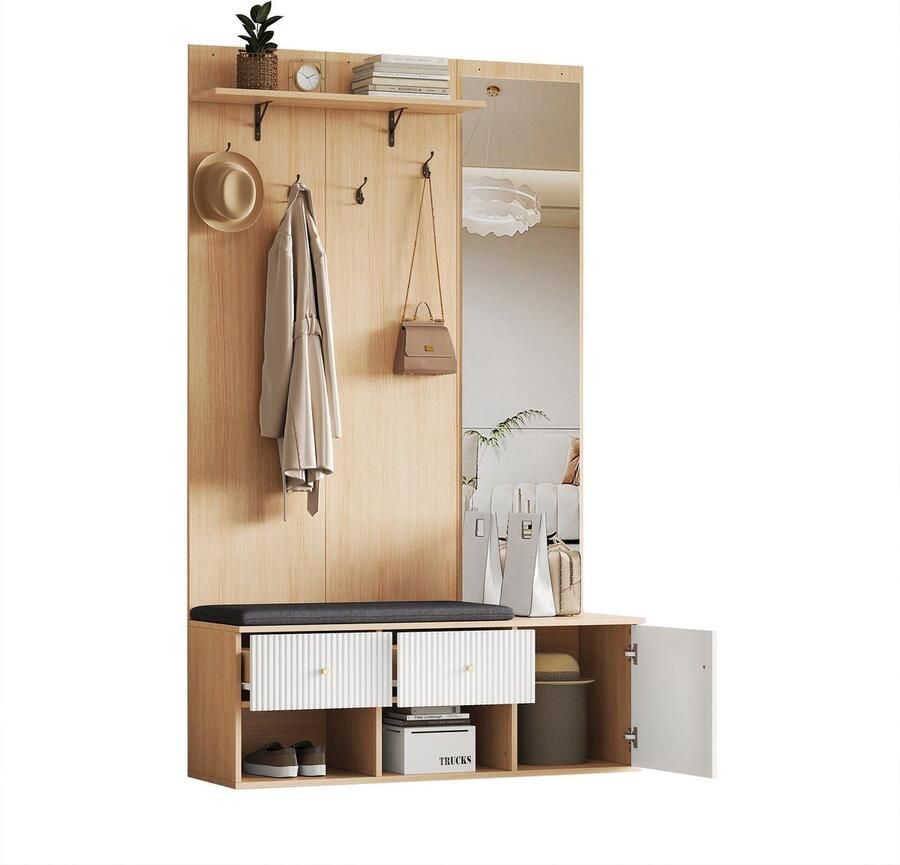 Merax Hoog Garderobekast 120x40x200 cm met Spiegel en Zitbank Halmeubel met 2 Lades en 1 Kast Haken en Opbergrek – Wit met Bruin en Zwart