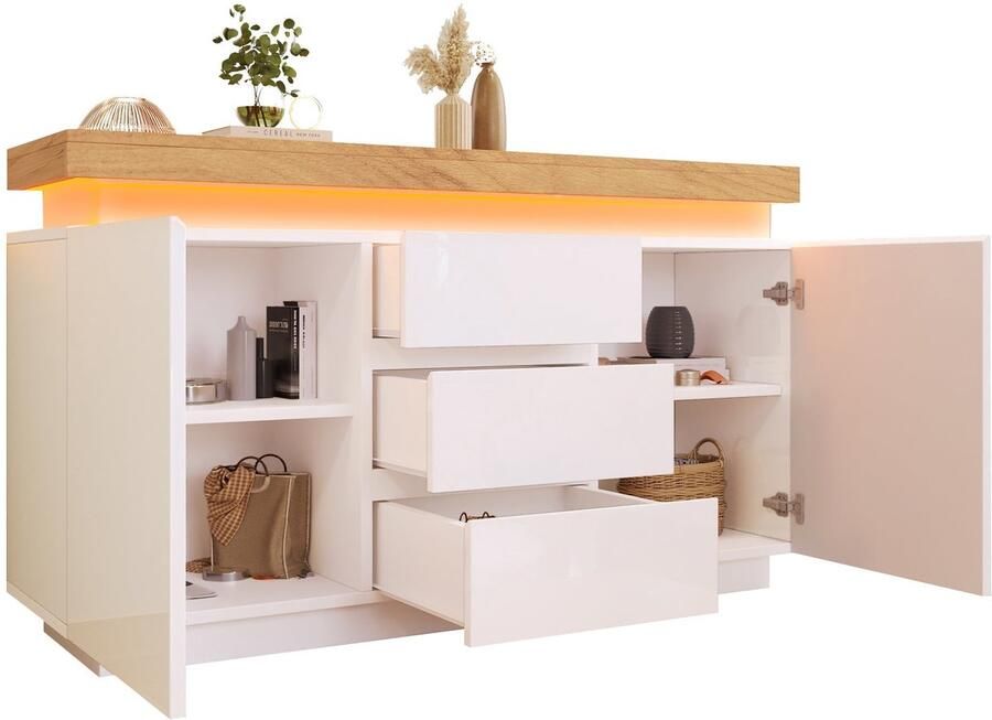 Merax Hoogglans Dressoir met LED Verlichting – 2 Deuren 3 Lades App-bediening – Moderne Opbergkast voor Woonkamer of Slaapkamer – 140x39x81 cm – Wit