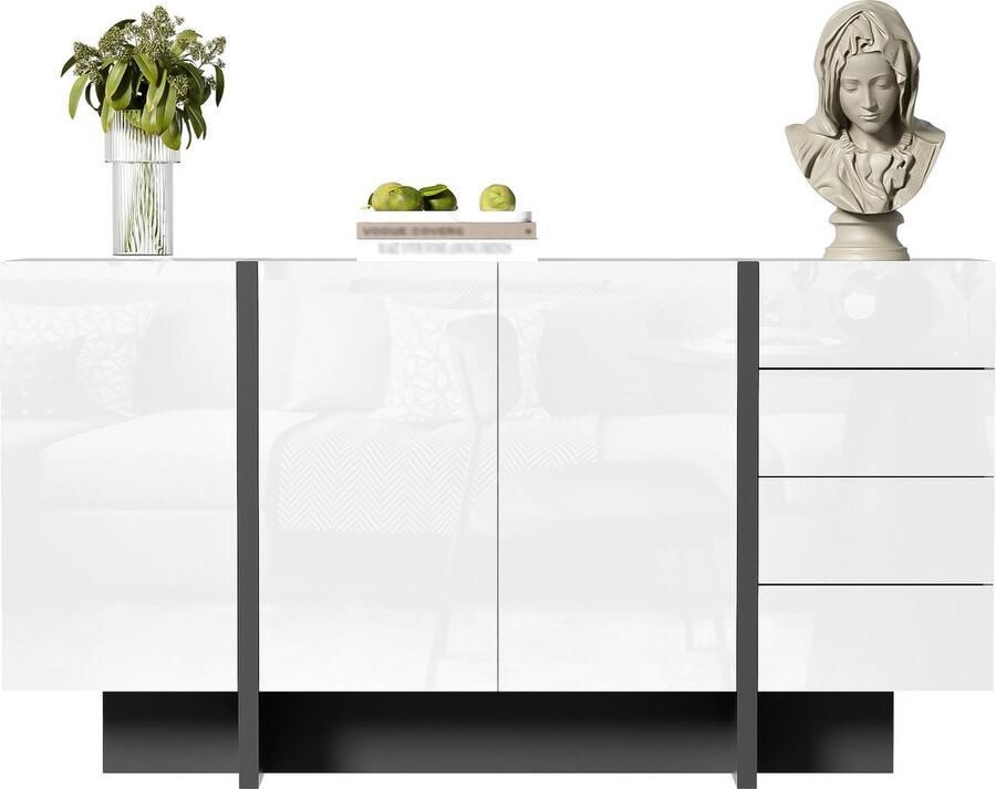 Merax Hoogglans Dressoir – Witte Opbergkast met 2 Deuren en 4 Lades – Modern en Praktisch voor Woonkamer of Eetkamer – Afmetingen: 150 x 40 x 80 5 cm