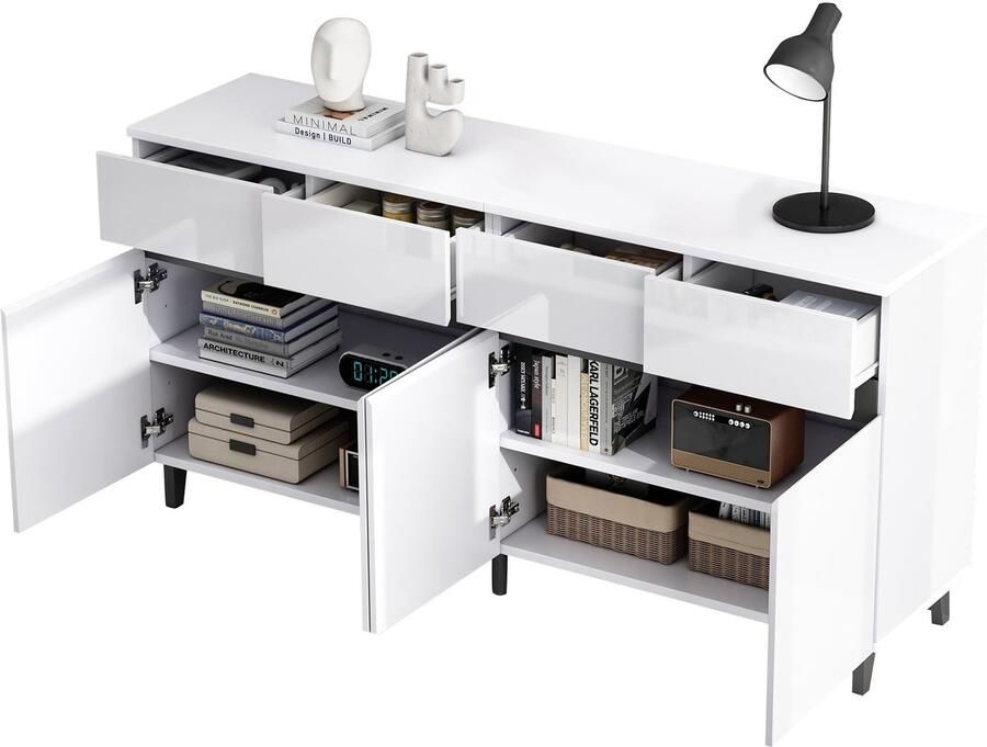 Merax Hoogglans Dressoir Wit 160x40x68 cm Met 4 Lades En 2 Deuren Moderne Opbergkast Voor Woonkamer Of Eetkamer