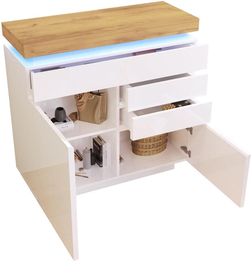 Merax Hoogglans Kommode met LED-verlichting – 2 deuren 3 lades App-bediening – Moderne opbergkast voor woonkamer of slaapkamer – 110x39x115 cm – Wit