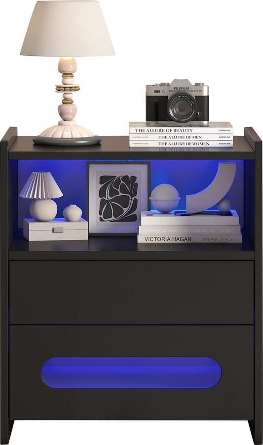 Merax Hoogglans LED Nachtkastje Moderne Salontafel met 2 Lades Nachtkastje met LED Verlichting Zwart