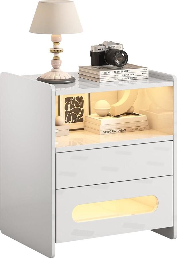 Merax Hoogglans LED Nachtkastje (Set van 2) Moderne Salontafel met 2 Lades Nachtkastje met LED Verlichting Wit