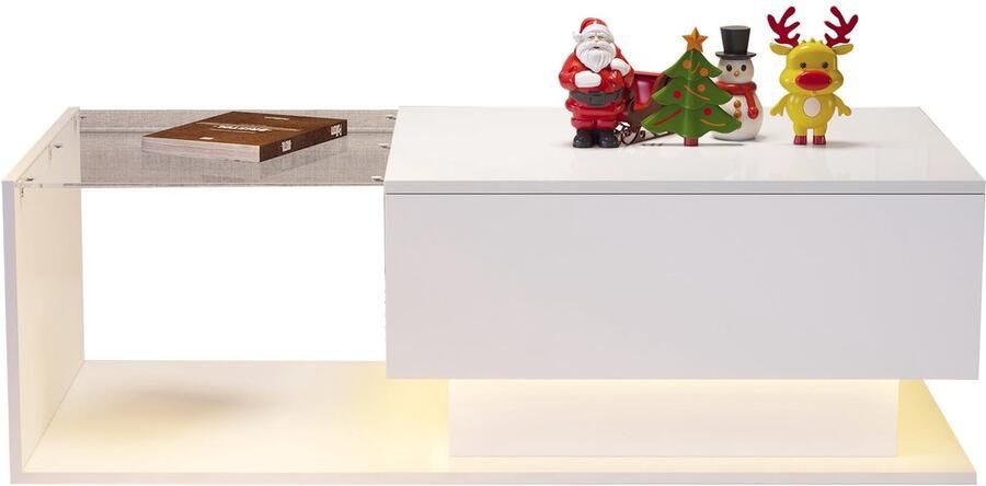 Merax Hoogglans Salontafel – 100x50 cm – met Glasplaat – LED-Verlichting & Opberglade – Wit