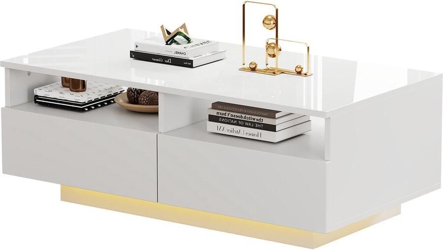 Merax LED Hoogglans Couchtafel met 2 Lades Moderne Salontafel met 16 Kleuren LED-verlichting voor Woonkamer en Slaapkamer USB-aansluiting Wit