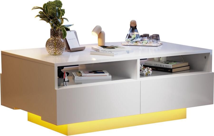 Merax LED Hoogglans Salontafel met 4 Lades Moderne Woonkamertafel met 16 Kleuren LED-verlichting en USB-aansluiting Wit