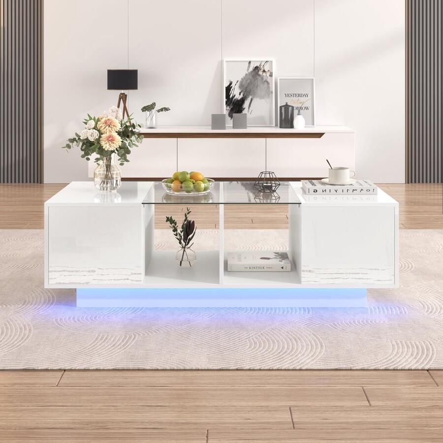 Merax Hoogglans Salontafel met Glasplank Twee Deuren Ruime Opbergruimte en LED Verlichting Modern Woonkamertafel 120x50x37 cm