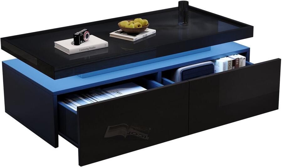 Merax Hoogglans Salontafel Met LED-Verlichting 2 Lades en Open Opbergvak Moderne Minimalistische Woonkamertafel Zwart 95x45x35 cm
