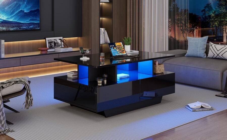 Merax Hoogglans Salontafel met LED-Verlichting en 2 Lades – Moderne Zwarte Tafel 90x55x41 cm met Opbergruimte – Draagkracht 30 kg