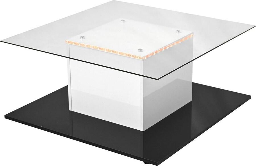 Merax Salontafel 80x80x40 cm – Hoogglans Glazen Tafel met LED-Verlichting – Verrijdbare Tafel met Zwenkwielen en Rem – Zwart met Wit Design