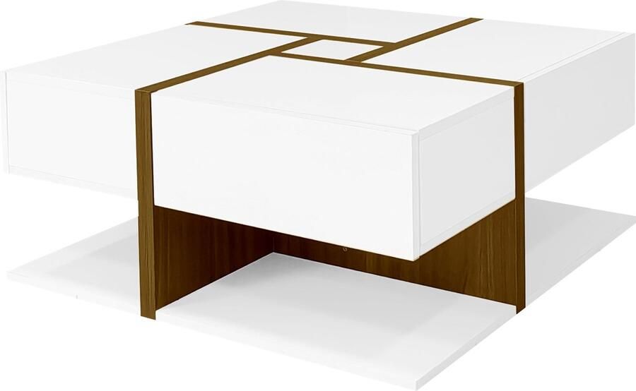 Merax Hoogglans Salontafel – Vierkant Tafel met 4 Laden en Uniek Kleur- en Lijnontwerp Opslagruimte Onderin 78 x 78 x 34.8 cm