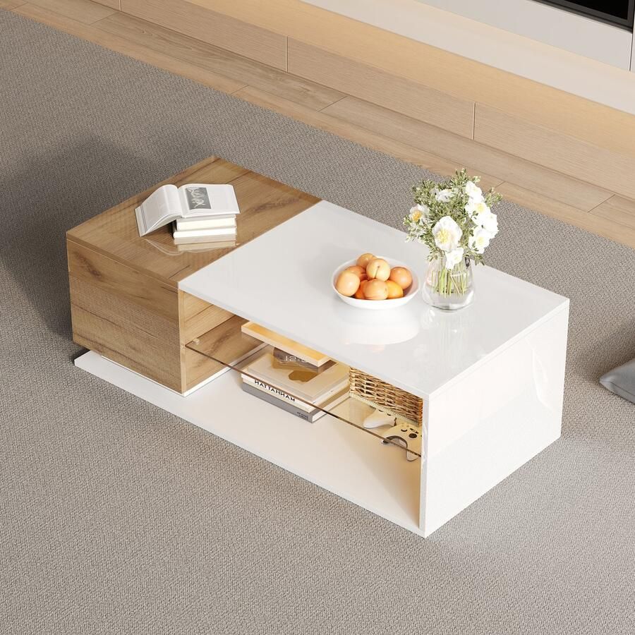 Merax Hoogglans salontafel woonkamertafel met verlichting en LED strip met opbergruimte 105x50x36cm wit