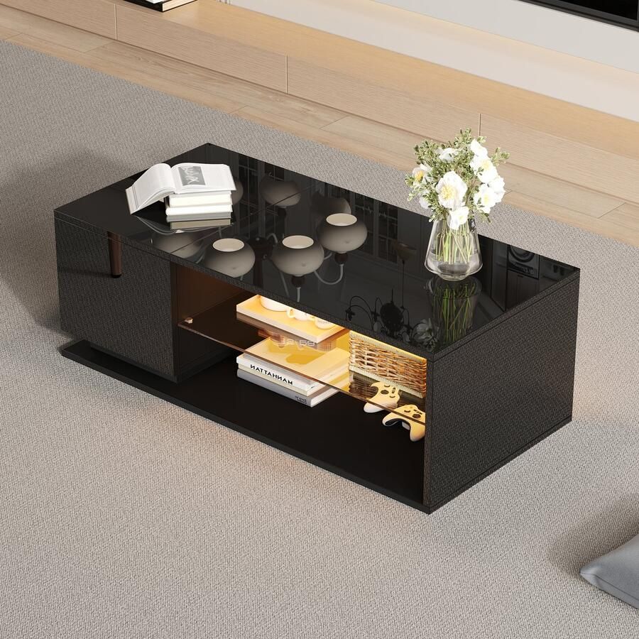 Merax Hoogglans salontafel woonkamertafel met verlichting en LED strip met opbergruimte 105x50x36cm zwart