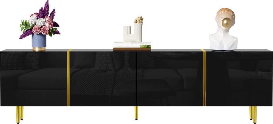 Merax Hoogglans Tv-meubel – 170 cm – Modern Design – Met 4 Deuren & Soft-Close – Zwart Goud