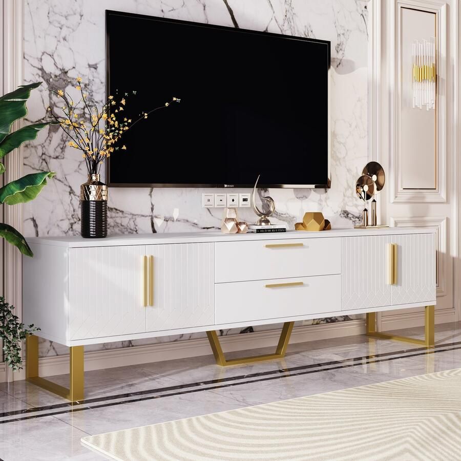 Merax Hoogglans tv-meubel gouden handgrepen en poten deur met gegraveerde textuur 170 x 40 x 53.5 cm