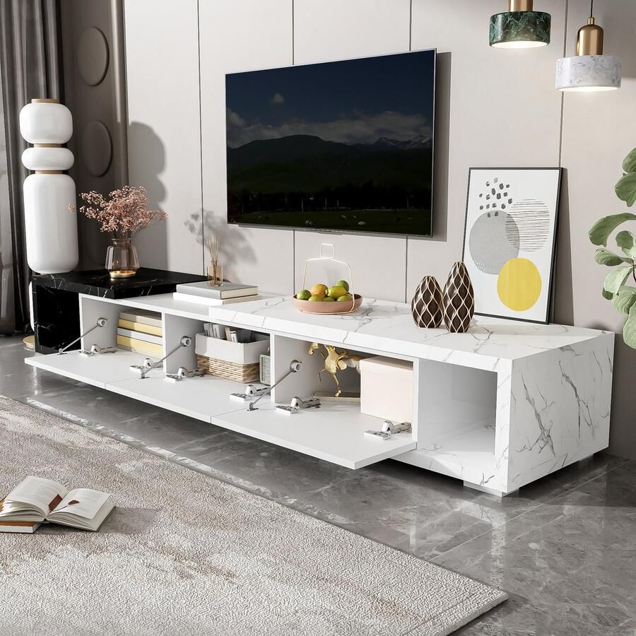 Merax Hoogglans TV-meubel in lengte verstelbaar (140-179 5 cm) – modern tv-meubel met marmereffect