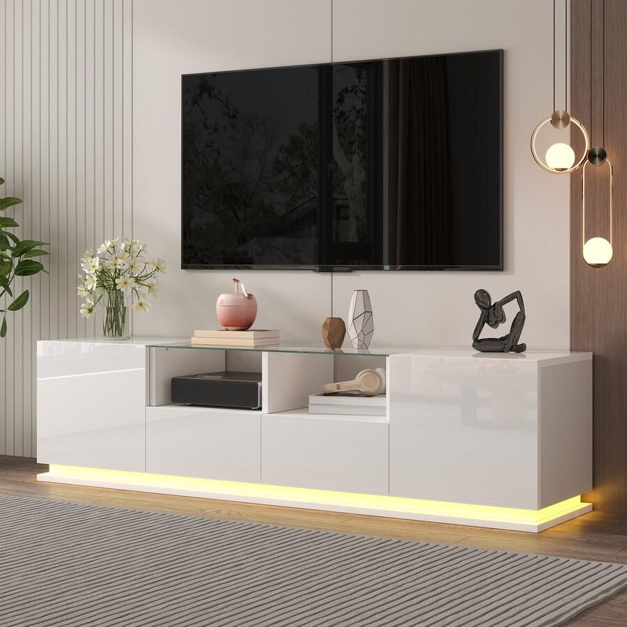 Merax Hoogglans TV-Meubel met LED-verlichting Glasplanken Lades en Deuren – Lowboard 165 cm Wit