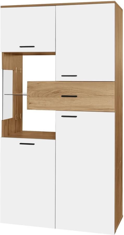 Merax Hoogglans Vitrine met LED-verlichting – 150 H x 77.7 B x 38 D cm – Glazen Deuren Multifunctioneel Meubel met Grote Opbergruimte