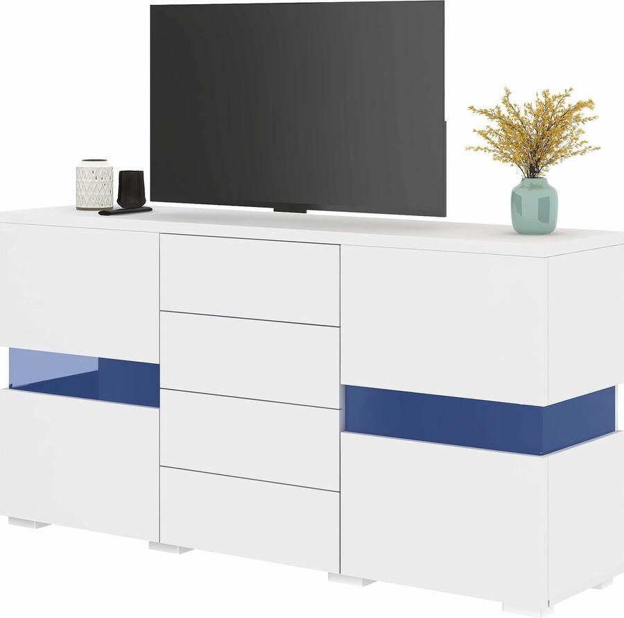 Merax Hoogglans Wit Dressoir – 140 cm – 4 Lades en 2 Deuren – LED Verlichting 16 Kleuren – Moderne Opbergkast