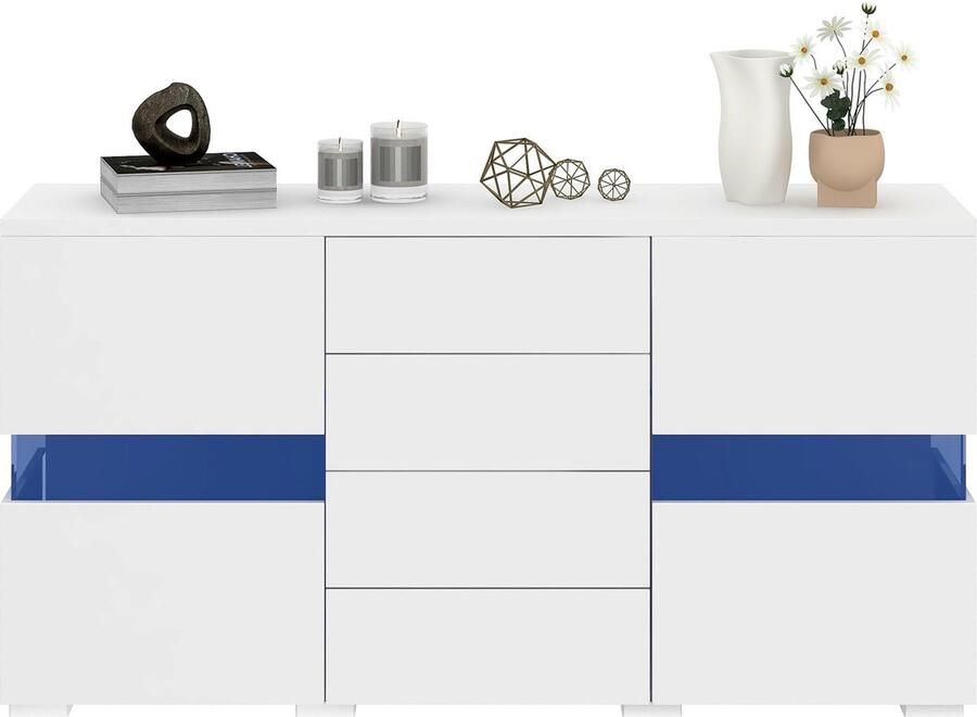 Merax Hoogglans Wit Dressoir – 140 cm – 4 Lades en 2 Deuren – LED Verlichting 16 Kleuren – Moderne Opbergkast - Foto 2